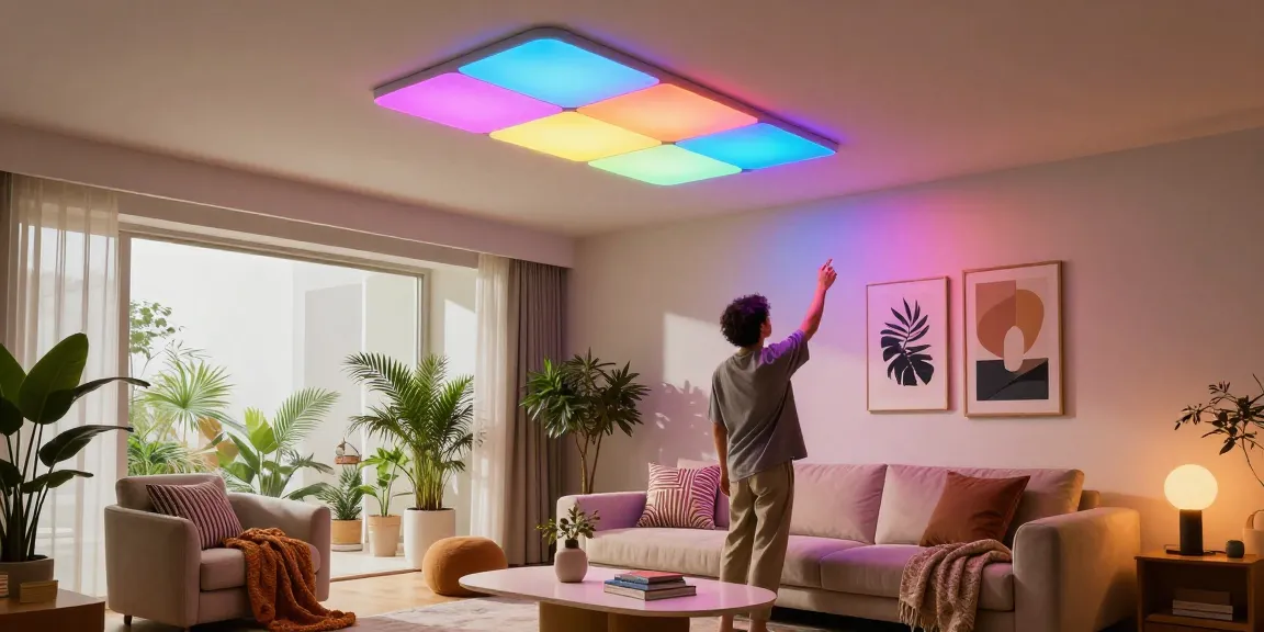 Admiring the Nanoleaf Skylight Erfahrungen in a stylish living room with innovative lighting.