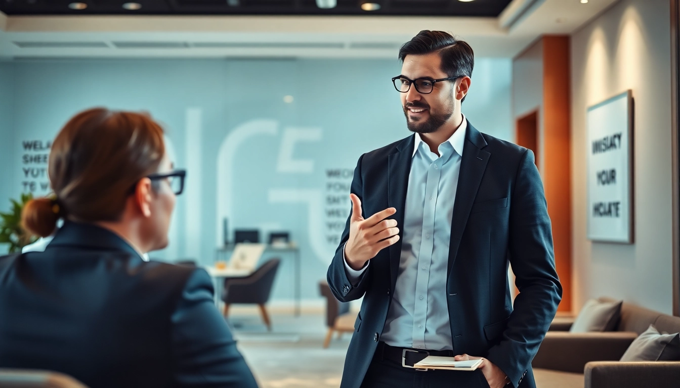 Headhunter Schweiz im professionellen Büro, im Gespräch mit einem Klienten, vertrauensvoll und engagiert.