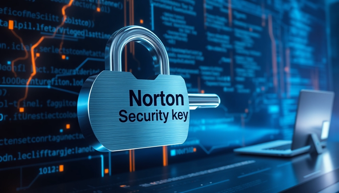Erforschen Sie den innovativen Norton Security key, der in einer futuristischen Umgebung Schutz bietet.