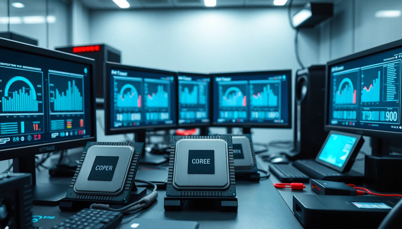 Prozessor Vergleich auf einem modernen Arbeitsplatz mit Monitoren und technischen Details.