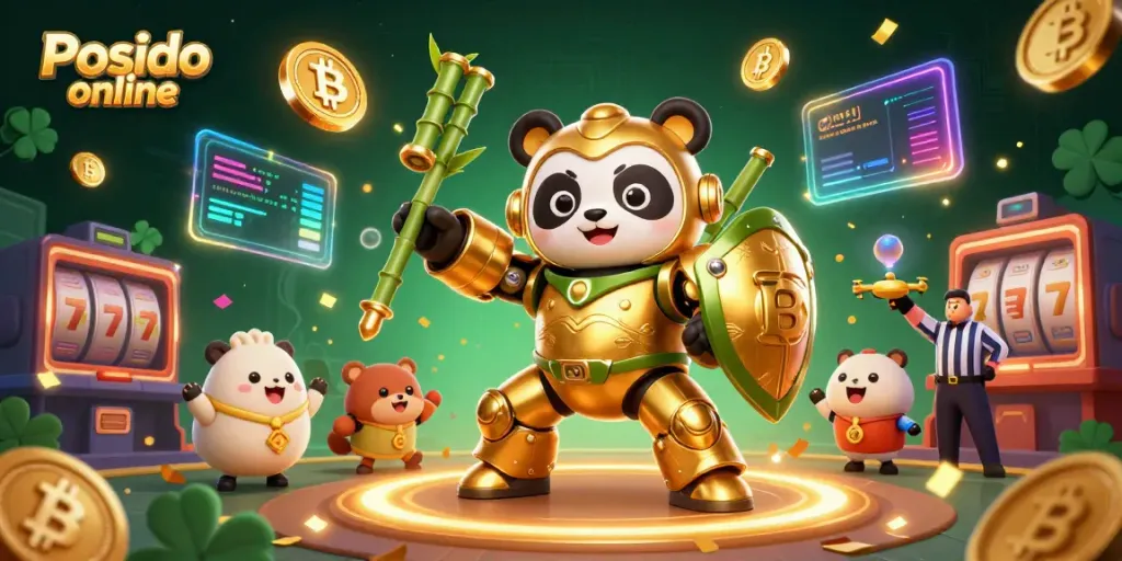 Spiele mit Posido online und genieße eine spannende Casino-Atmosphäre mit einem goldenen Panda.