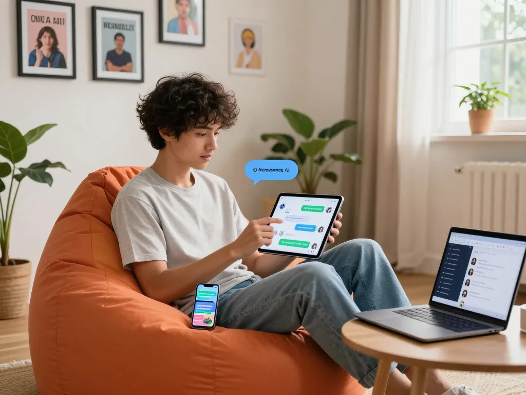 Engaging with sexting AI on a tablet in a cozy home environment, depicting casual interaction.