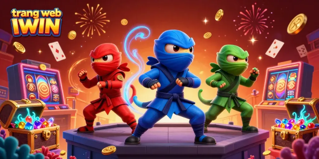 Experience excitement on the trang web IWIN with lively ninja chameleons in a vibrant casino scene filled with treasures.