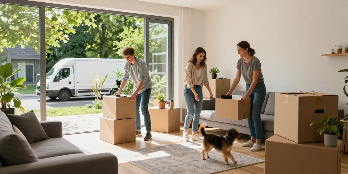 Umzugsunternehmen Darmstadt hilft beim Auspacken und Einrichten eines neuen Zuhauses mit fröhlicher Familie.