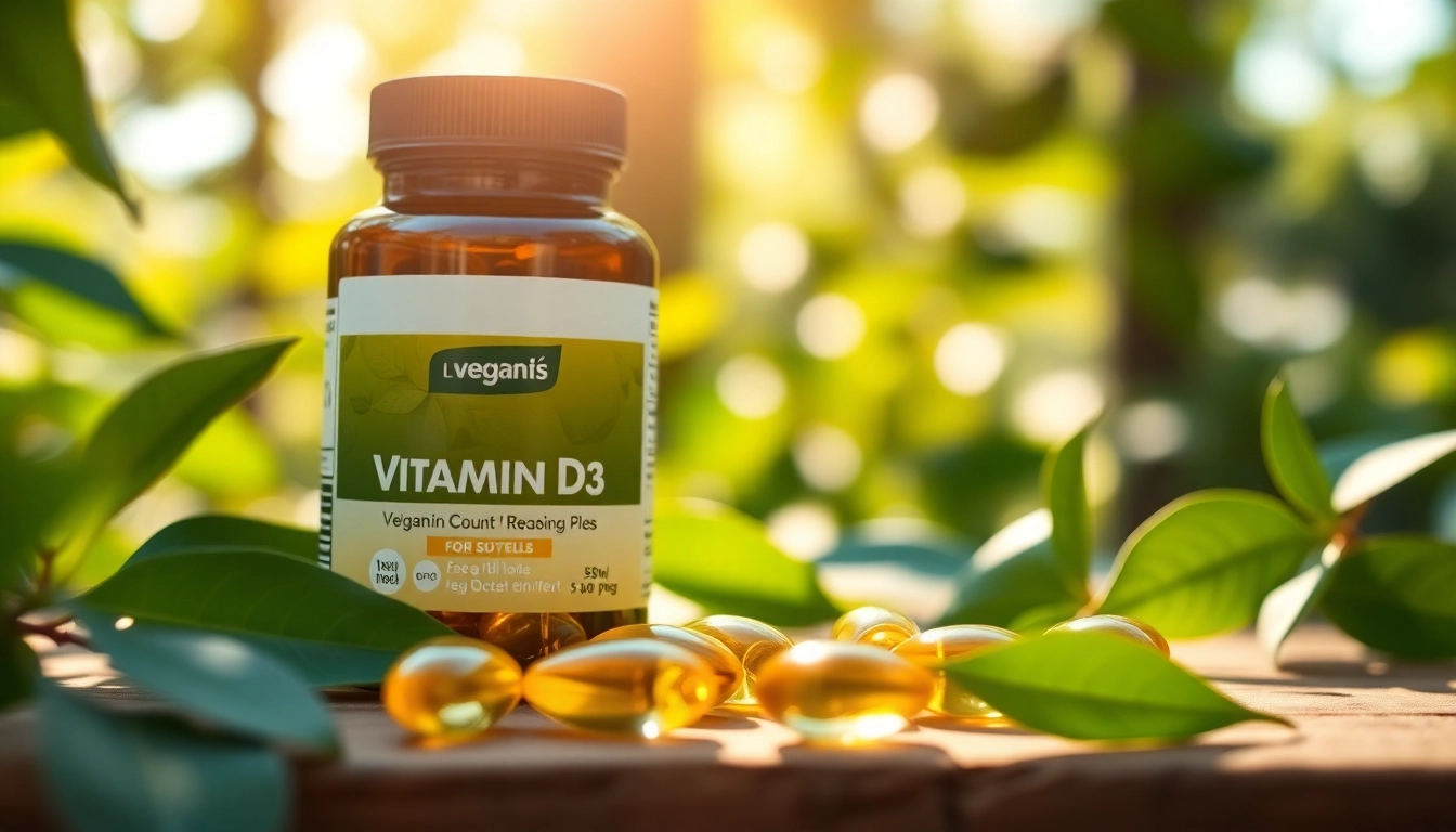 Veganes Vitamin D3 Softgels in einer natürlichen Umgebung mit frischen Kräutern und Licht.