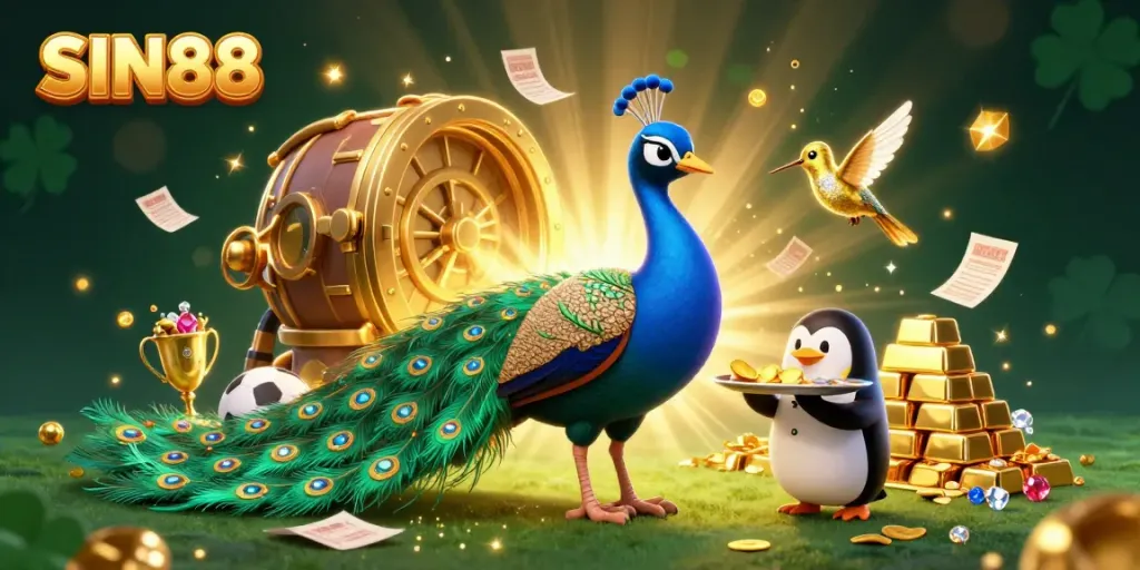 Experience the thrill of sports betting with SIN88 highlighted by vibrant casino elements and dynamic characters.