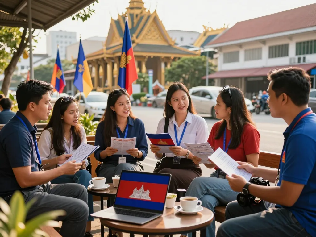 Engagierte Diskussion über die Vorteile der kambodschanischen Staatsbürgerschaft in einem lebhaften Setting in Phnom Penh.