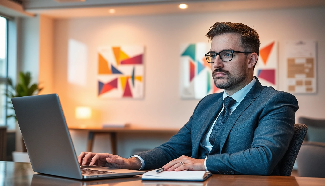 Headhunter CEO arbeitet konzentriert am Laptop in elegantem Büro mit inspirierender Dekoration.
