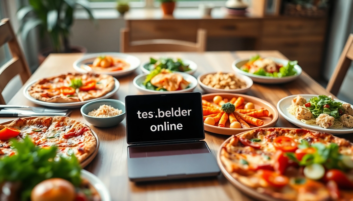 Essen bestellen online: Eine einladende Auswahl an bunten Gerichten auf einem Tisch mit einem Laptop, der Online-Bestellungen zeigt.