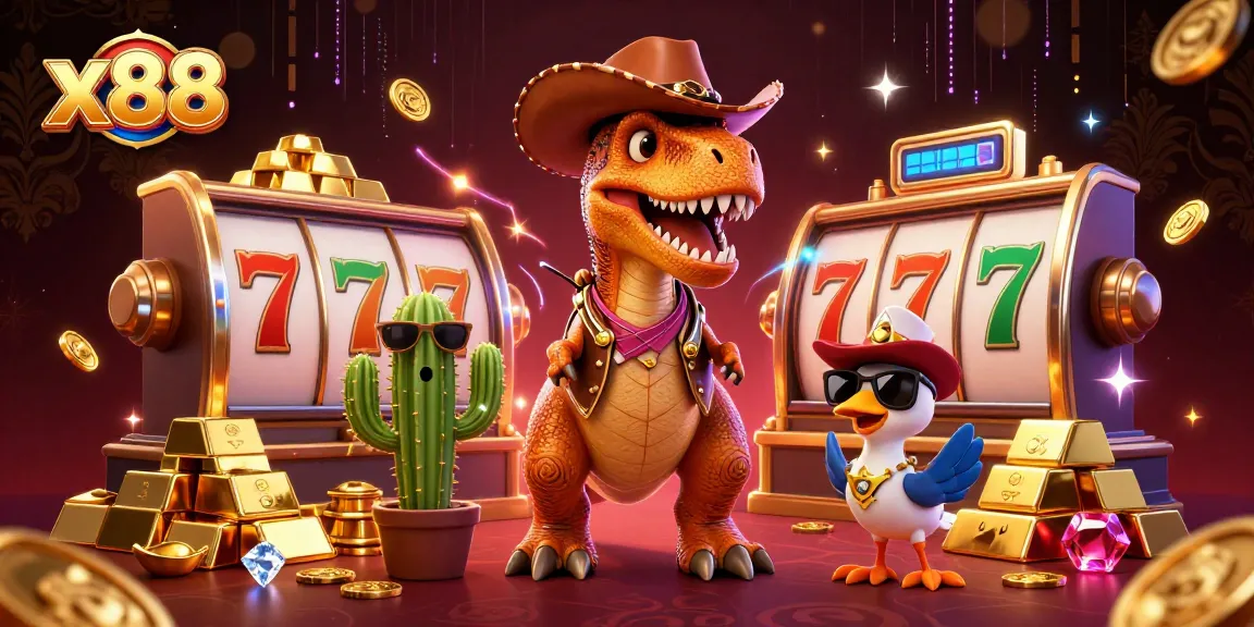 x88 engages players in thrilling slot adventures with a vibrant T-Rex, cactus, and roadrunner.
