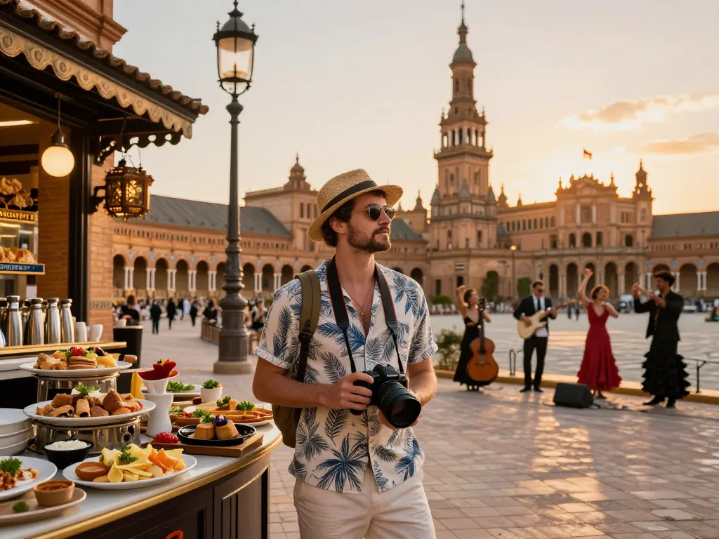 Ein Reisender in Sevilla, der die lokale Küche und Kultur genießt und die Reisetipps Sevilla für ein unvergessliches Erlebnis präsentiert.