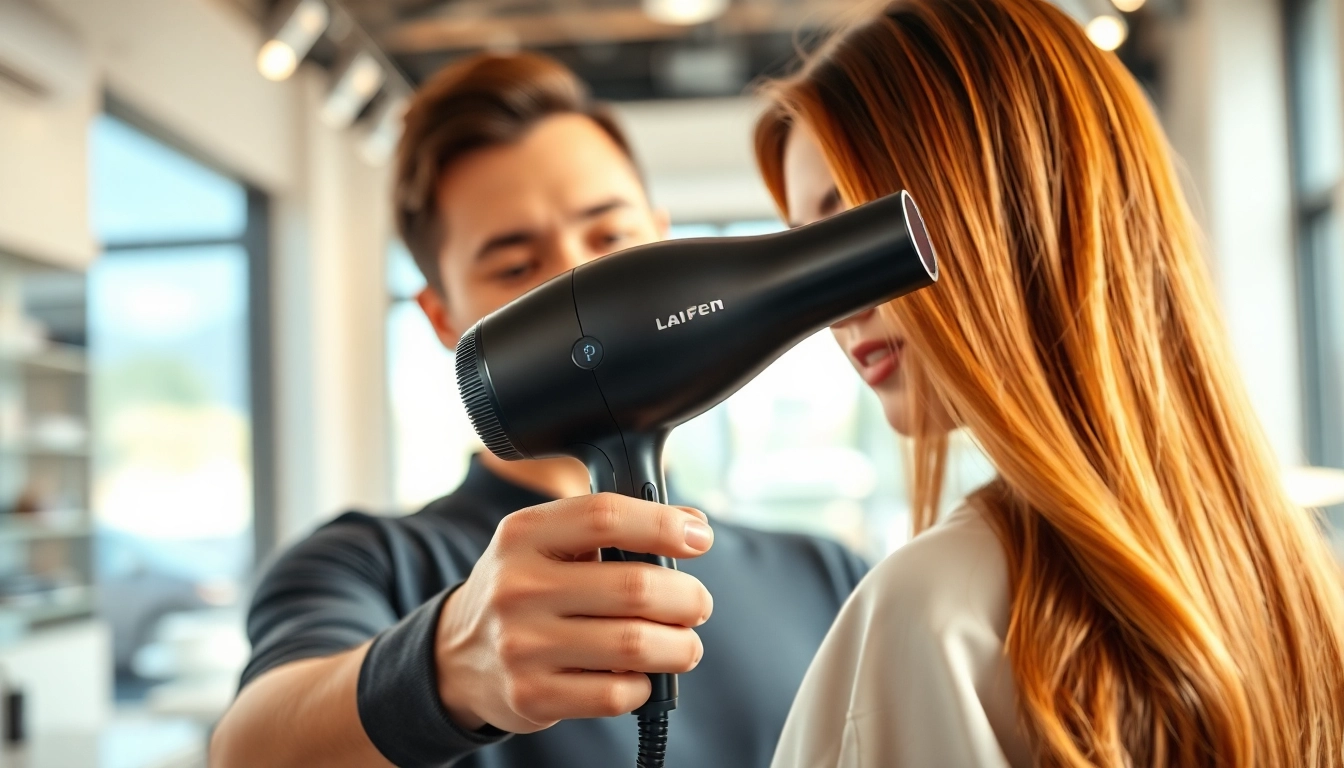 Die laifen haartrockner wird von einem Hairstylisten in einem modernen Salon benutzt.