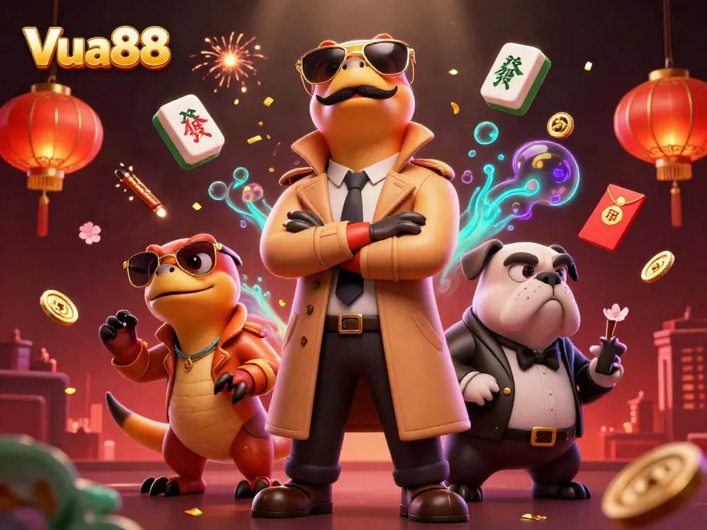 Experience playful raptors entering Vua88 VIP, illuminated by vibrant casino elements and dynamic visuals.