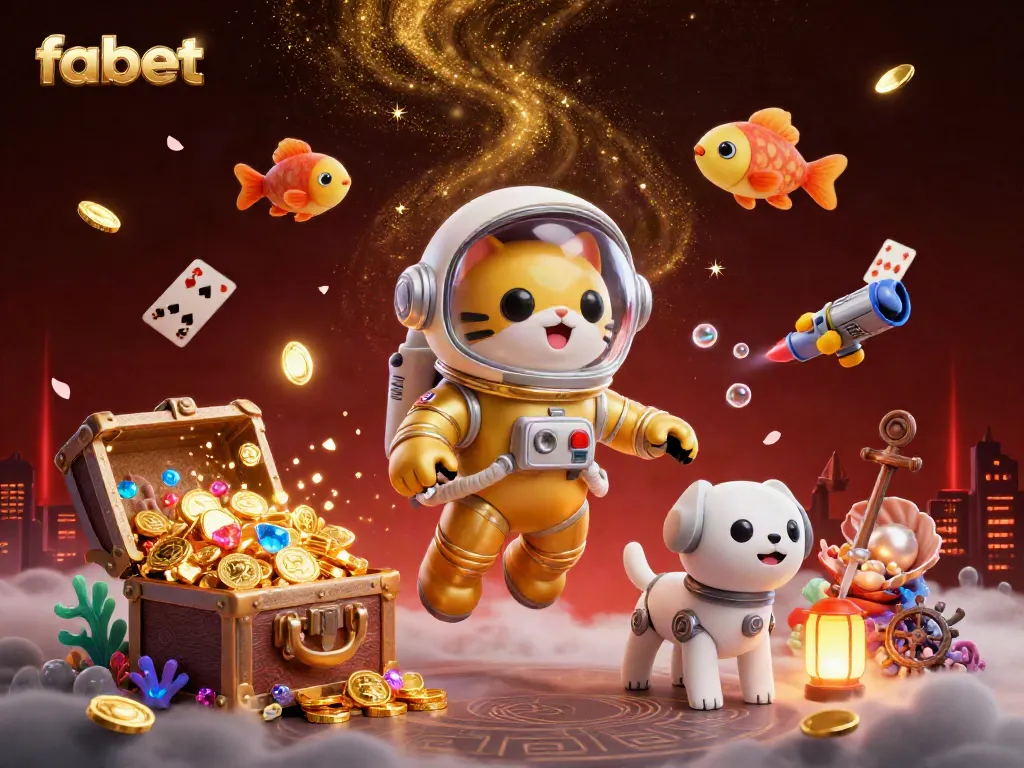 Engage with fabet's thrilling gaming experience featuring a space cat and robotic dog among treasures.