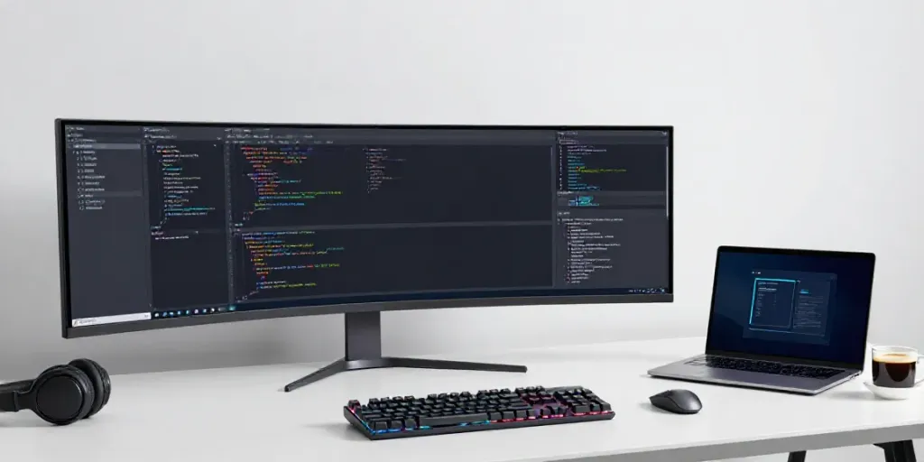 gg in einem modernen Entwicklerarbeitsplatz mit codierenden Software-Elementen und technischen Geräten.