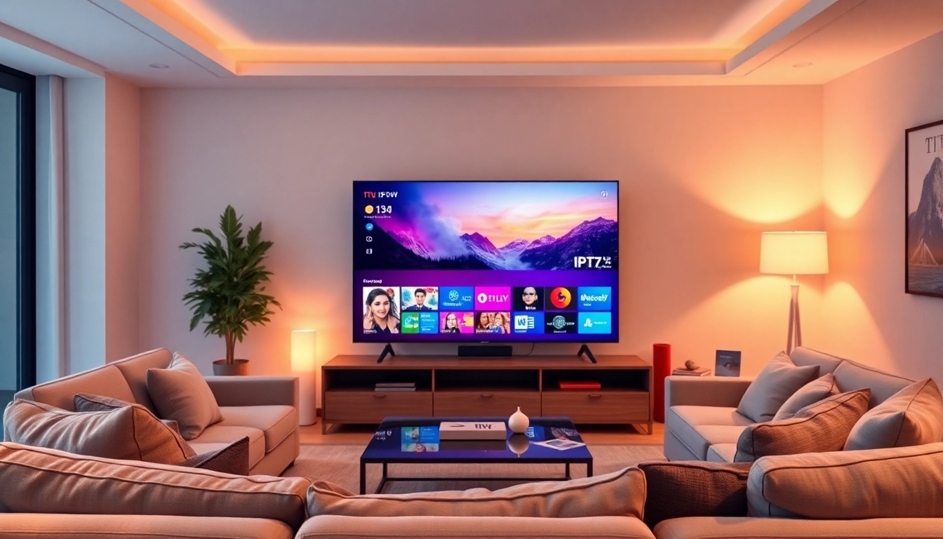 IPTV Deutschland in modern living room with smart TV and cozy seating arrangement.