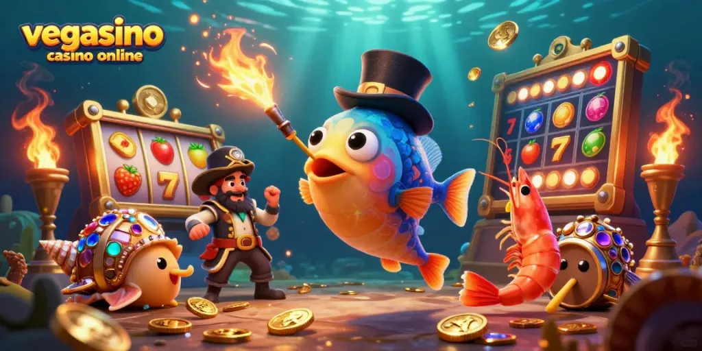 Engage with the vibrant world of vegasino casino online featuring an anglerfish and treasure elements.