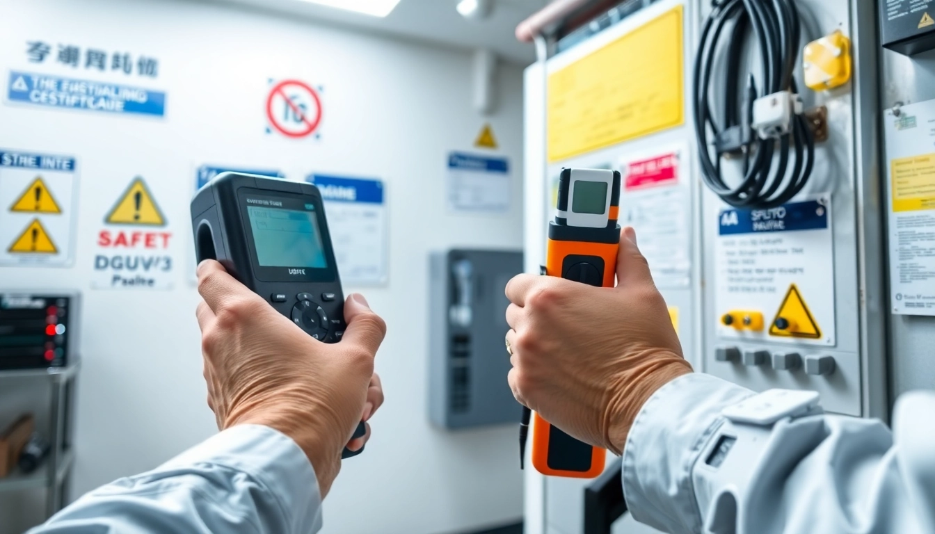 Fachkraft bei der DGUV V3 Prüfung von elektrischen Geräten in professionellem Umfeld.