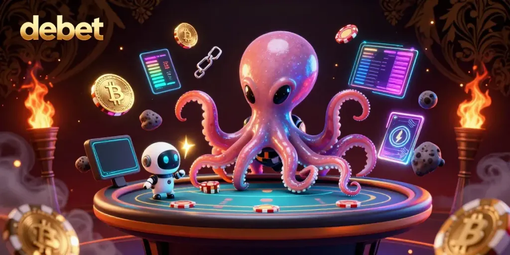 Engage in thrilling gaming with debet as the alien octopus showcases poker skills at a holographic table.