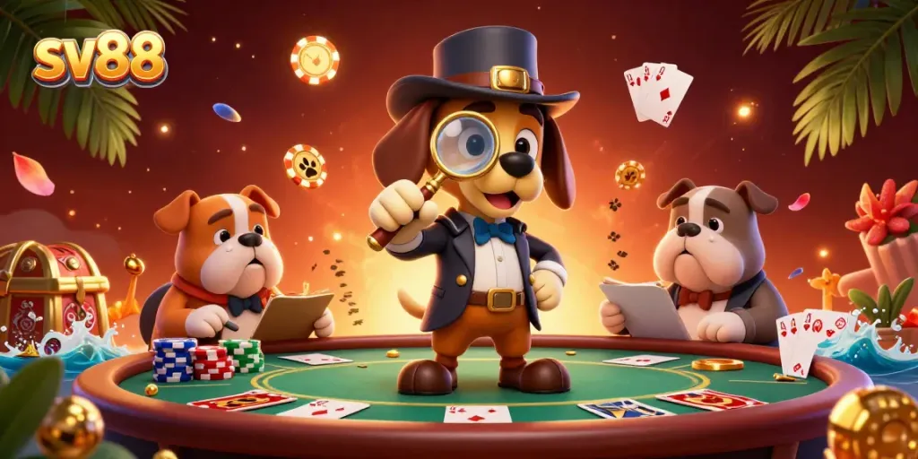 sv88 showcases a detective examining a poker chip amidst vibrant casino elements, enhancing gaming excitement.