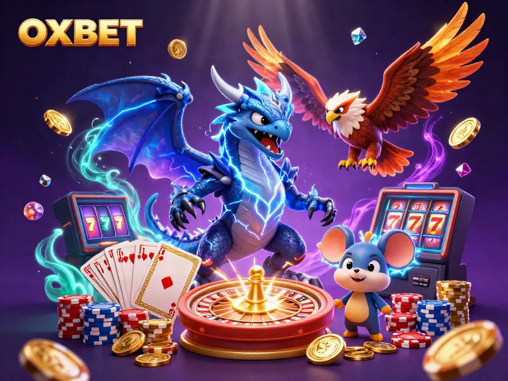 Play exciting games and win at OXBET with animated dragons, poker chips, and golden coins.