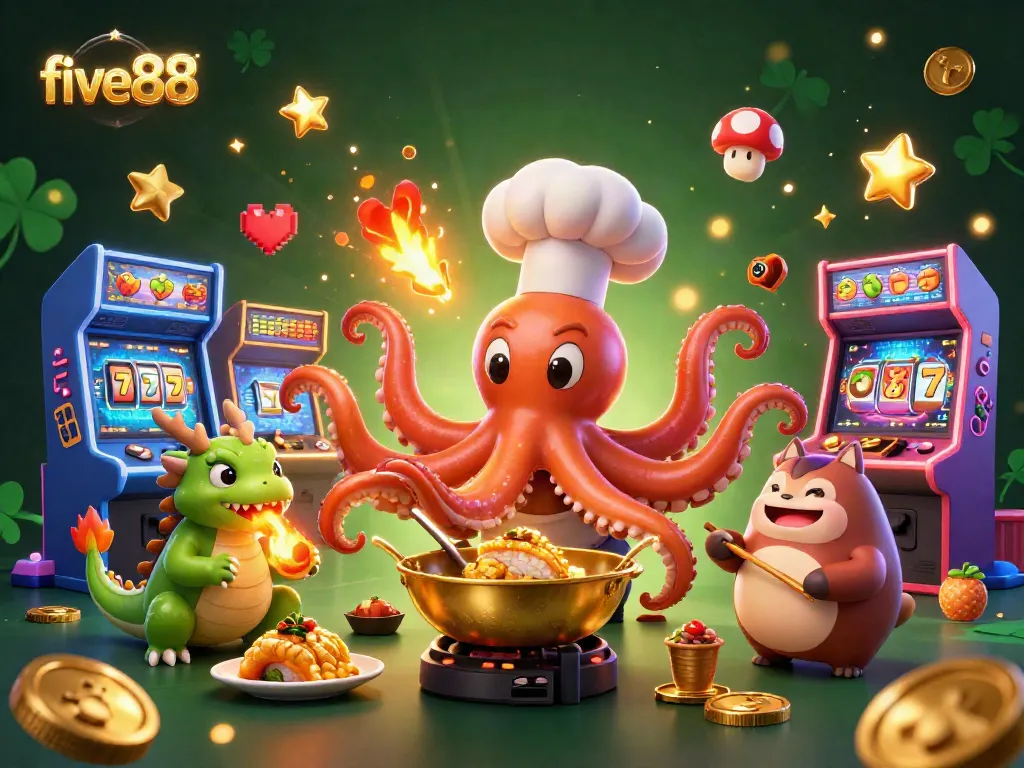 Experience five88 with a vibrant, action-packed casino-themed 3D illustration showing characters preparing dishes alongside gaming elements.