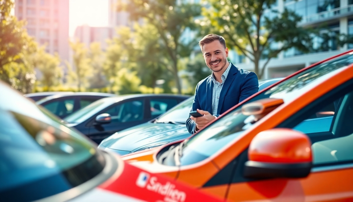 Autoankauf: Freundlicher Berater prüft ein Auto in einer lebhaften städtischen Umgebung.