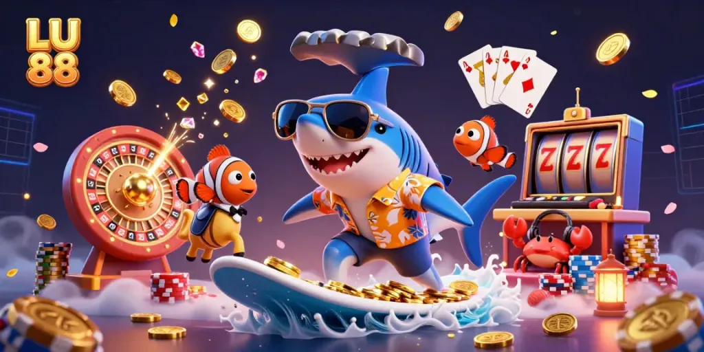 Join LU 88’s shark-themed casino adventure with golden coins and vibrant gaming action.