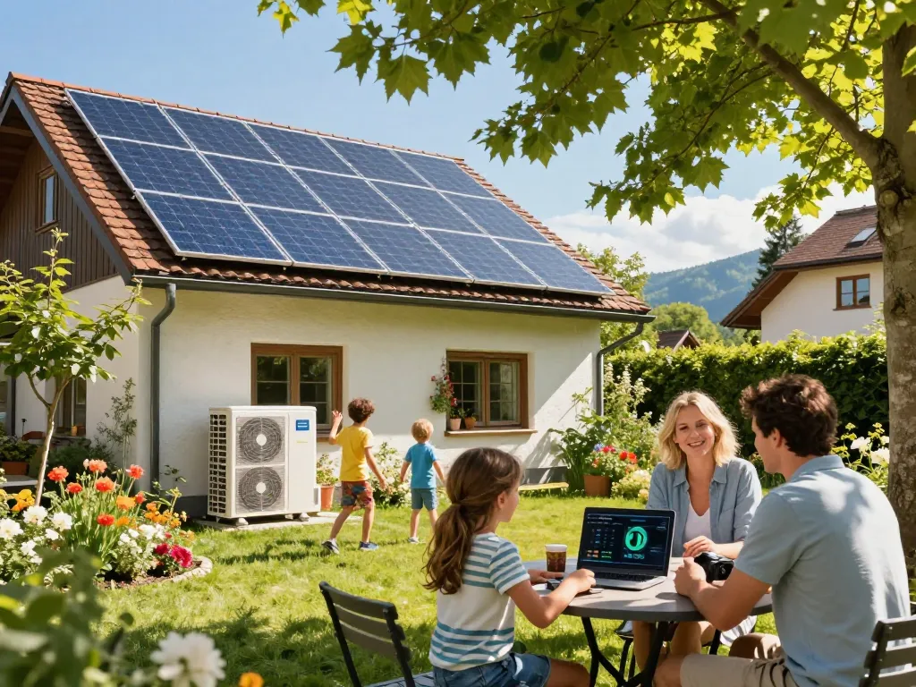 Installation eines Photovoltaiksystems in einem bayerischen Garten, Familie diskutiert über Energieeffizienz.