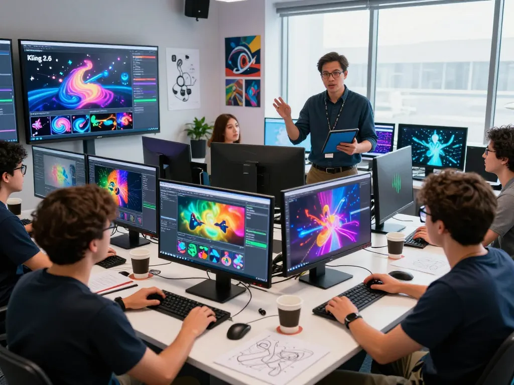 Team collaborating on motion control animations in a tech studio, showcasing dynamic workflows and creativity.