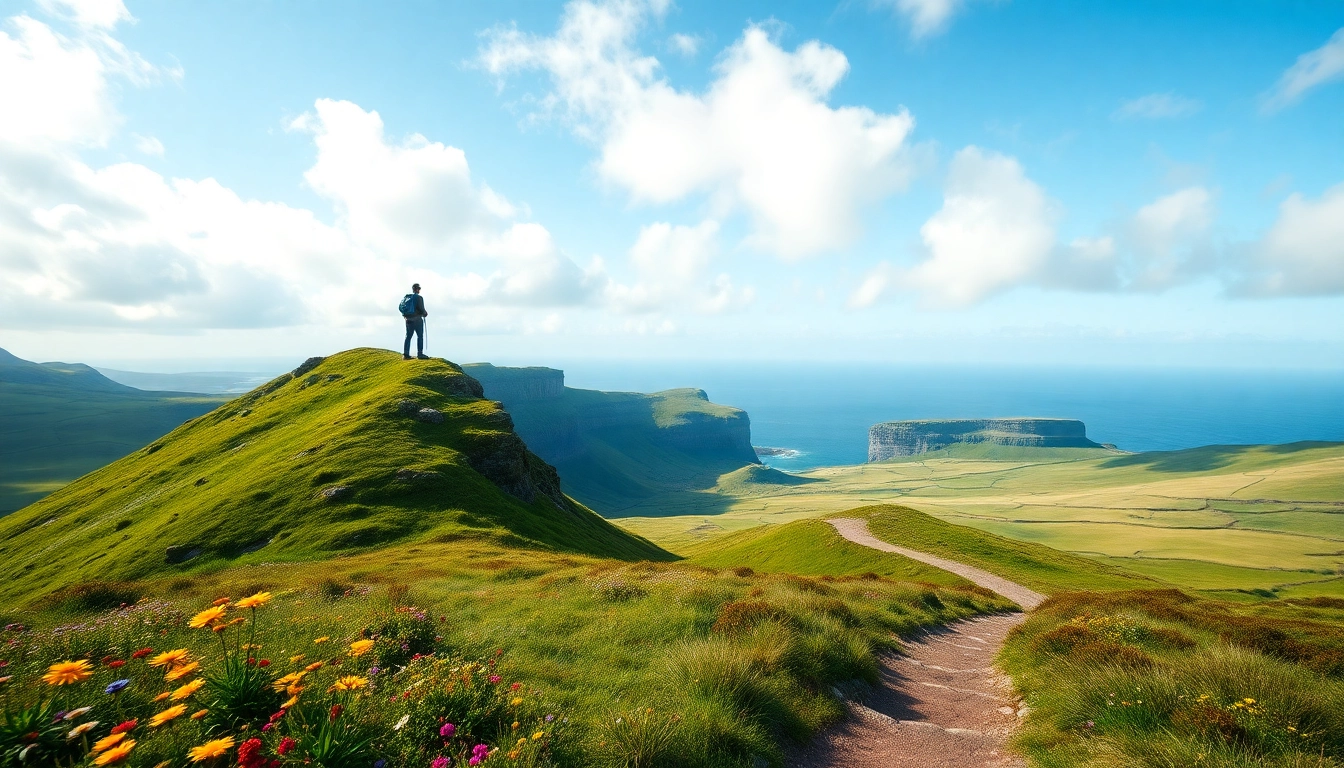 Irland wandern entlang malerischer Landschaft mit Wanderer und blühenden Wildblumen.