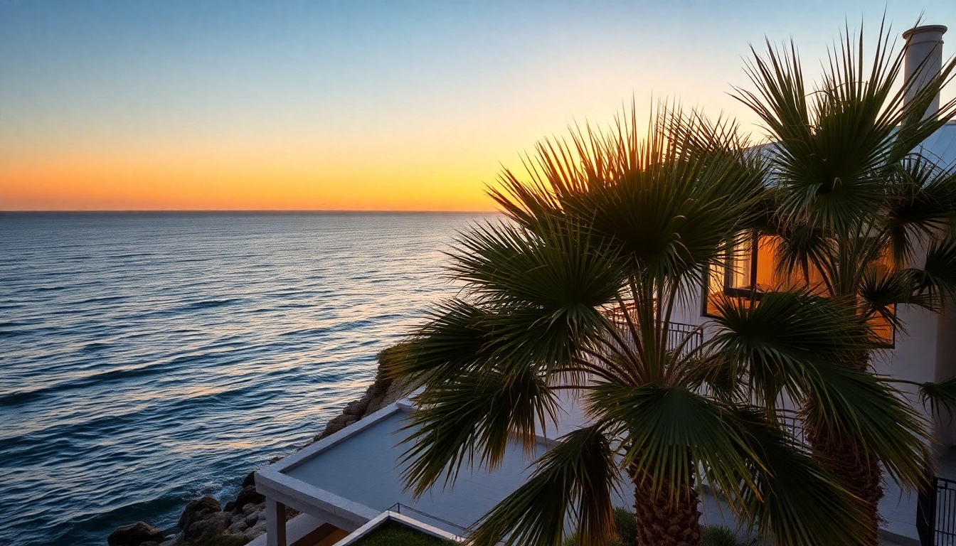 Traumhafte Villa zum haus kaufen nordzypern, umgeben von Palmen und spektakulärem Meerblick.