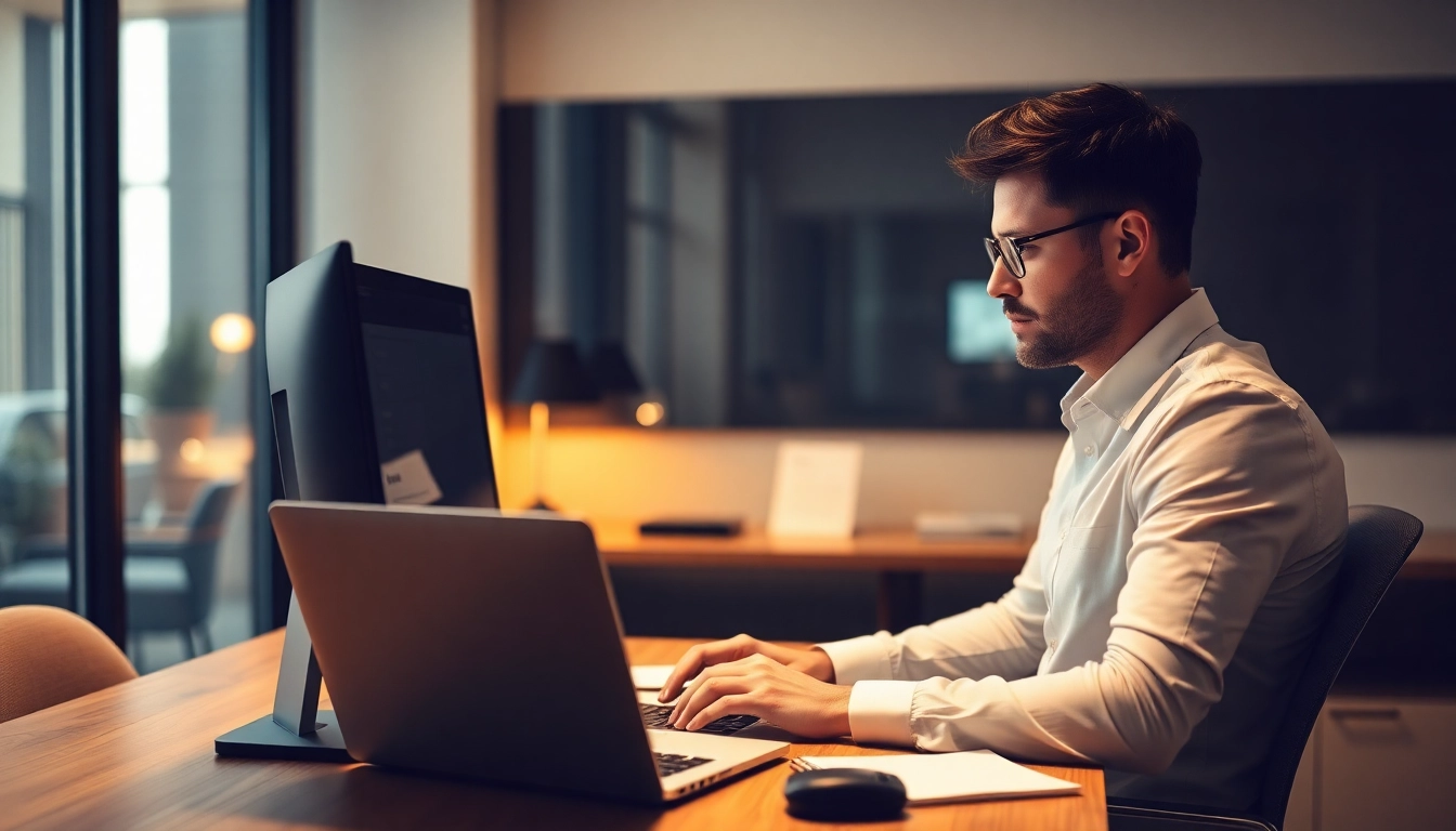 Headhunter analysiert Bewerberdaten am Laptop in einem modernen Büro-Setup.