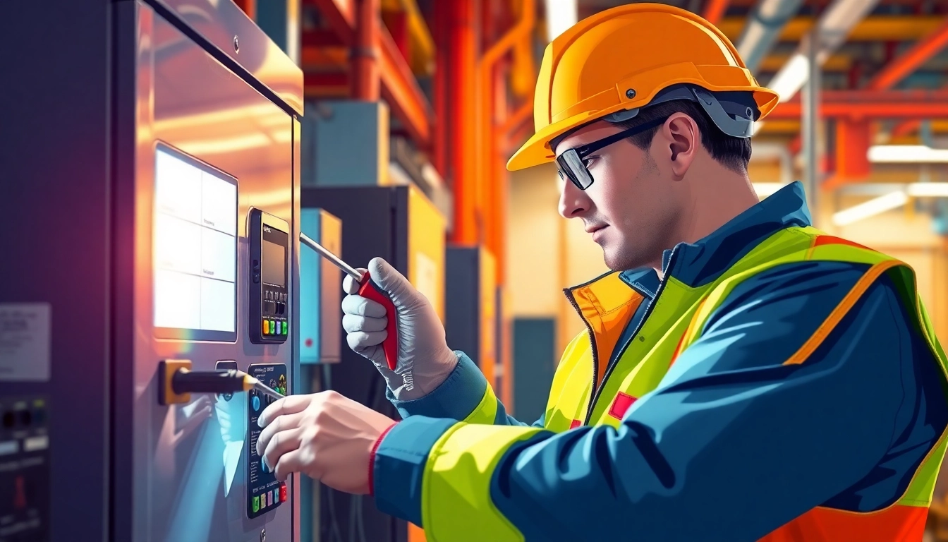 Technician performing a DGUV V3 Prüfung on electrical devices with safety gear and inspection tools.