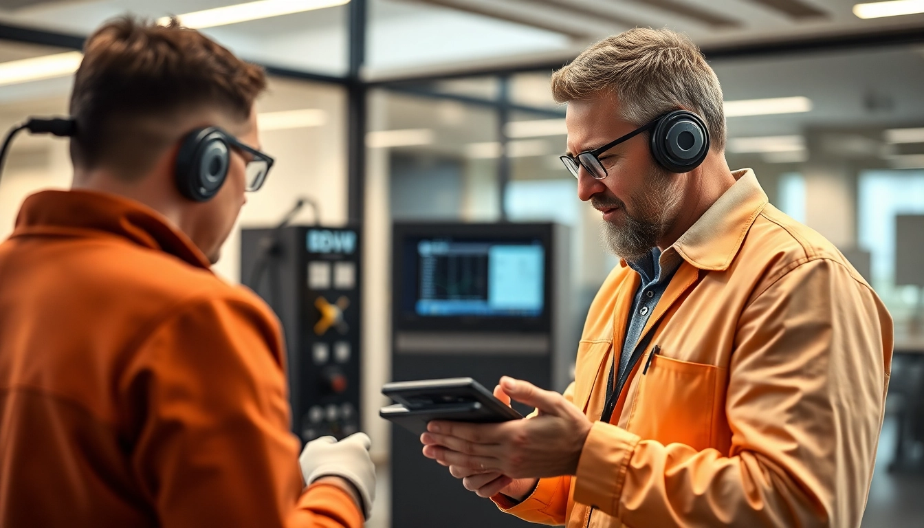 Fachmann führt eine DGUV V3 Prüfung an elektrischen Geräten durch, um die Sicherheit am Arbeitsplatz zu gewährleisten.