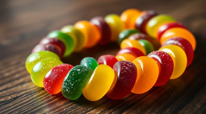 Enjoy thc gummies with colorful flavors, artfully displayed on a wooden table.