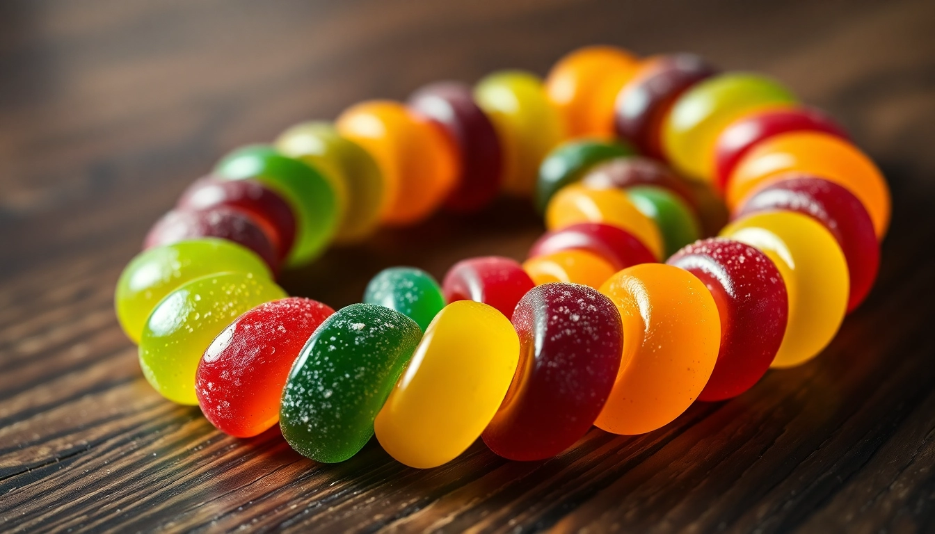 Enjoy thc gummies with colorful flavors, artfully displayed on a wooden table.