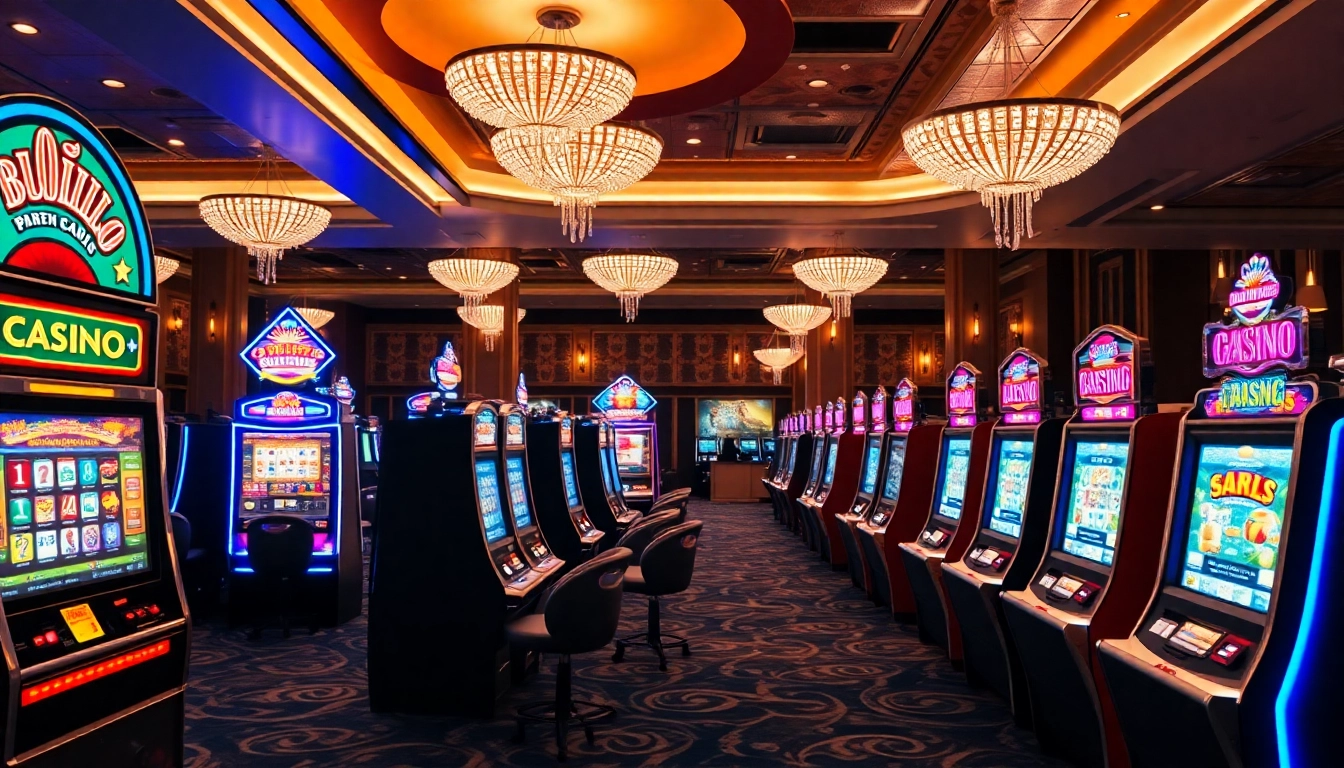 Spiele im Casino online mit spannendem Ambiente und leuchtenden Spielautomaten erleben.