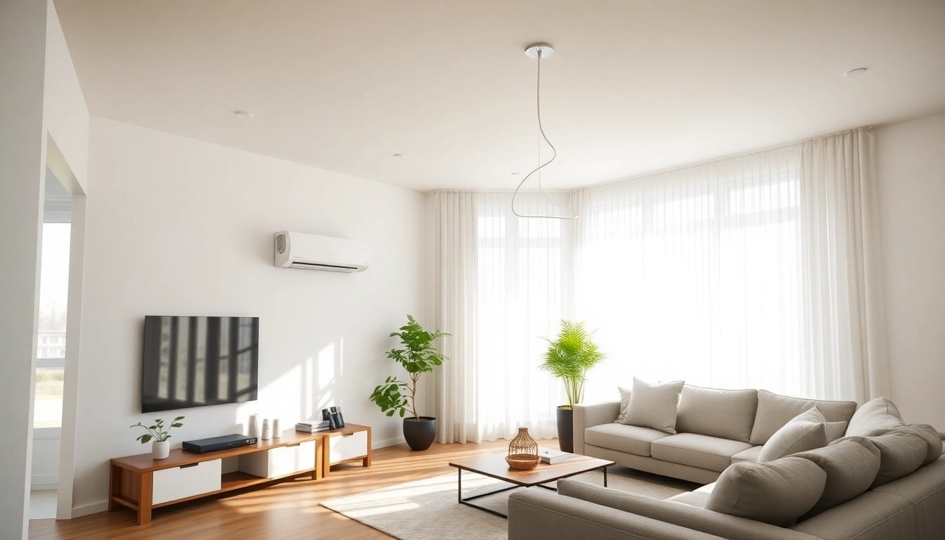 Install Klimaanlagen in a stylish living room, showcasing energy efficiency and modern design elements.