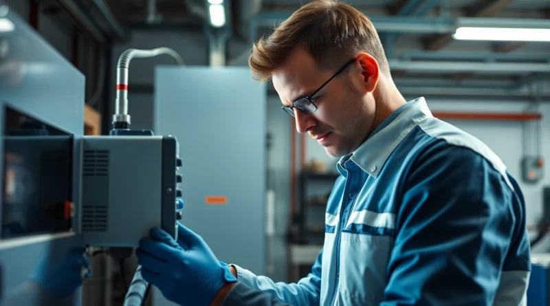 Techniker führt eine DGUV V3 Prüfung an einem elektrischen Gerät in einer modernen Werkstatt durch.