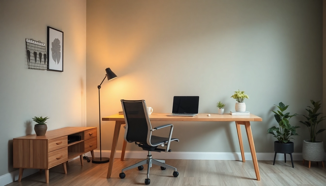 Büromöbel im modernen Home-Office-Design mit stilvollem Schreibtisch und ergonomischem Stuhl.