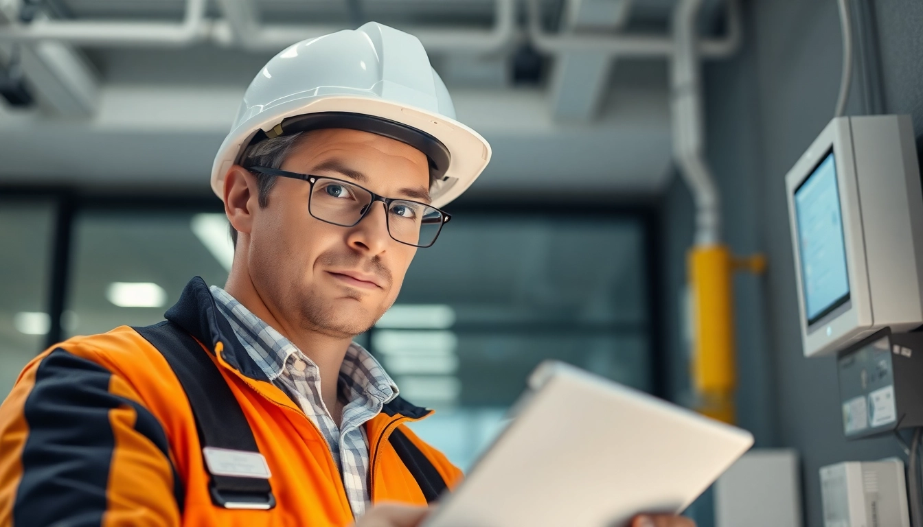 Prüfer führt eine DGUV V3 Prüfung an elektrischen Geräten durch, um die Sicherheit am Arbeitsplatz zu gewährleisten.