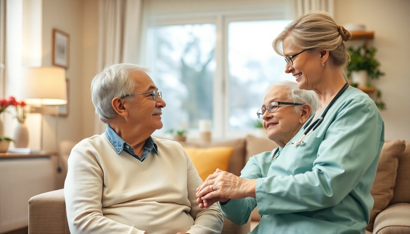Pflegedienst: Pflegekraft unterstützt älteren Menschen in einem gemütlichen Wohnzimmer bei täglichen Aktivitäten.