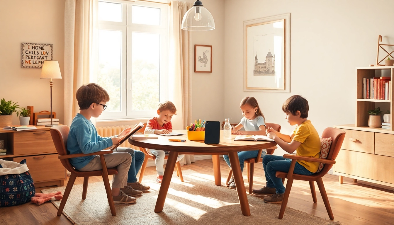 Kinder lernen zu Hause im Heimunterricht, umgeben von bunten Lernmaterialien und einer motivierenden Atmosphäre.