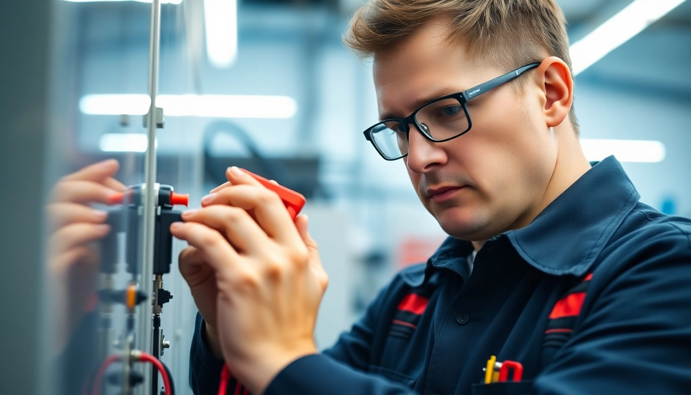 Technician conducting a DGUV V3 Prüfung on electrical equipment in a well-lit workshop.