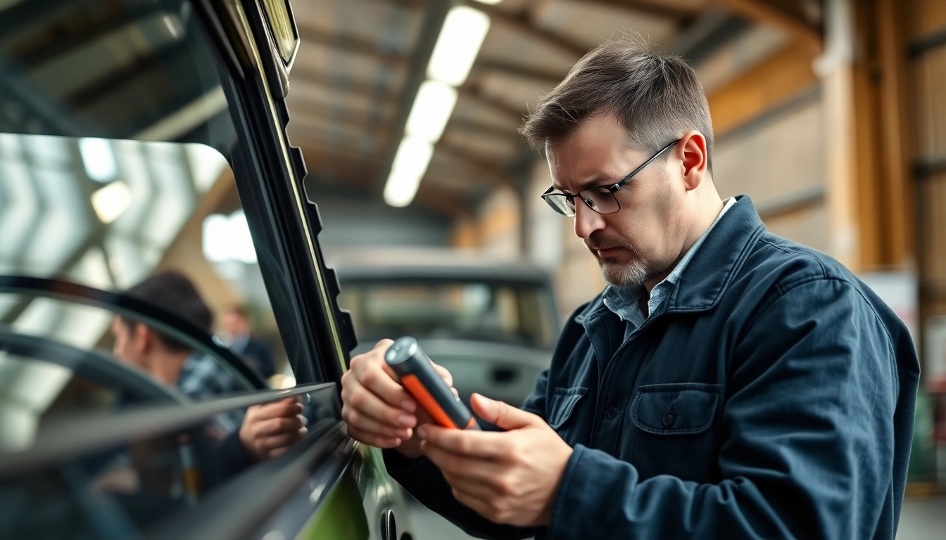 Professional Kfz Gutachter Berlin assessing a vehicle damage with expert tools in natural light.