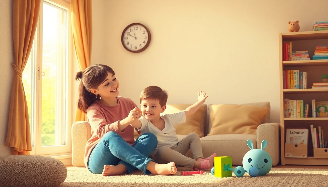 Die Kindererziehung in einem liebevollen Zuhause: Ein Elternteil spielt mit seinem Kind in einem hellen Wohnzimmer.