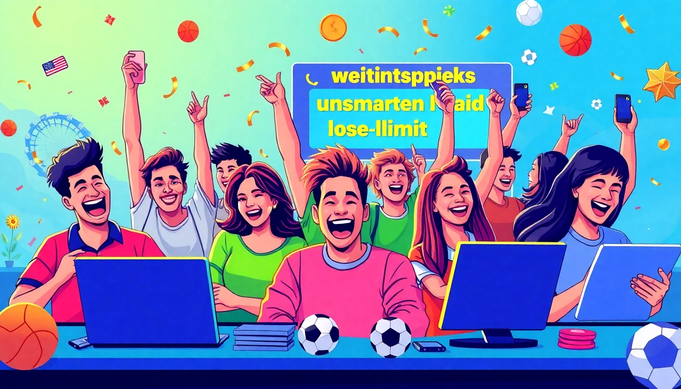 Celebrating online victories at wettanbieter ohne limit with jubilant bettors and colorful digital interfaces.