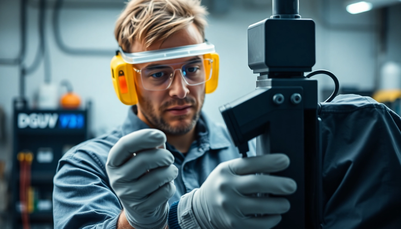 Techniker führt eine DGUV V3 Prüfung durch, um elektrische Sicherheit sicherzustellen.