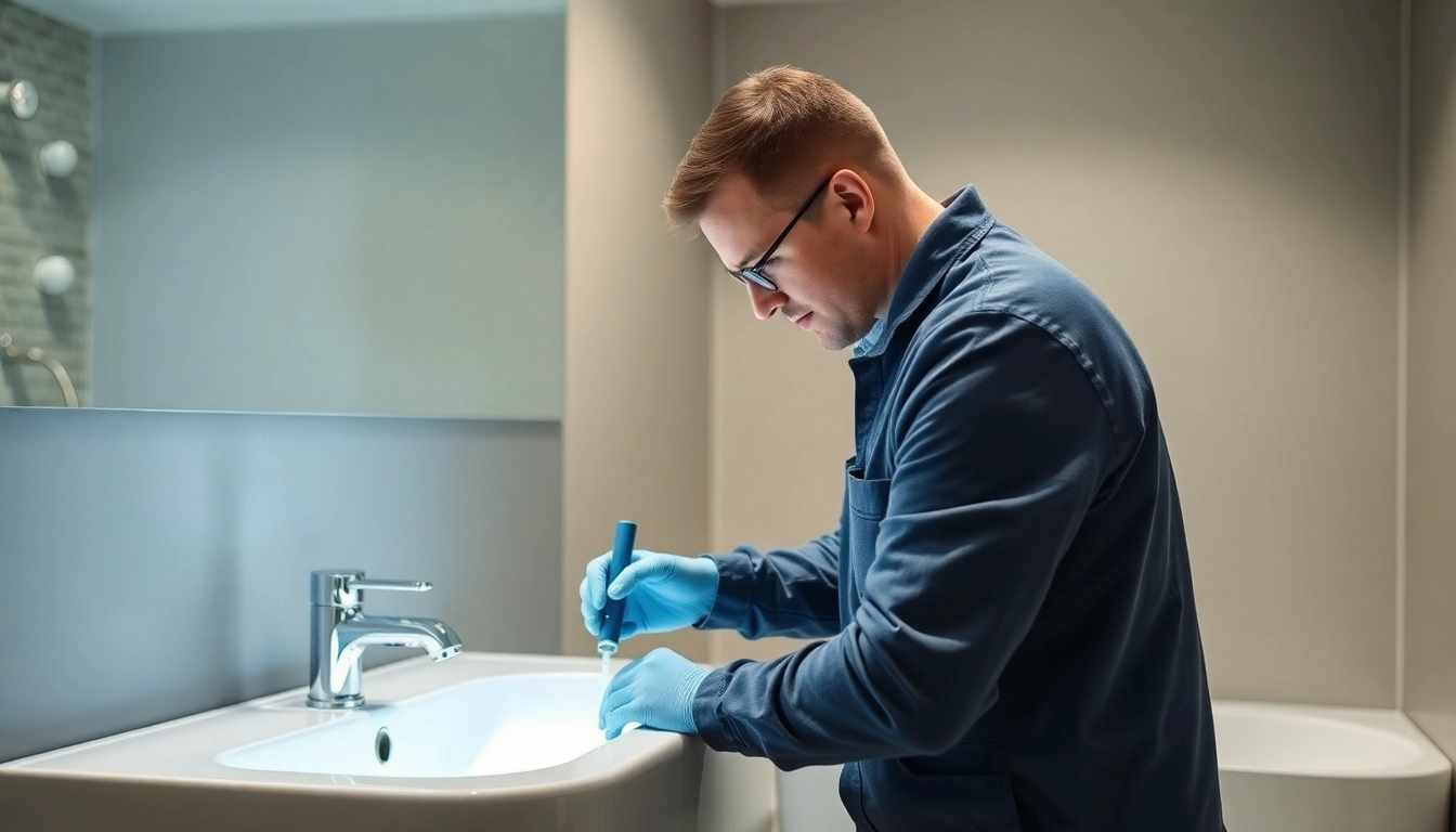 Sanitär Notdienst: Professioneller Techniker repariert ein Wasserleck im modernen Badezimmer.
